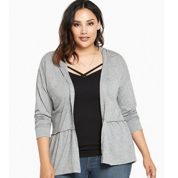 Torrid Gray Hooded Draped Cardigan Size 0X Open Front Ruffled Lightweight Lounge - Picture 2 of 12